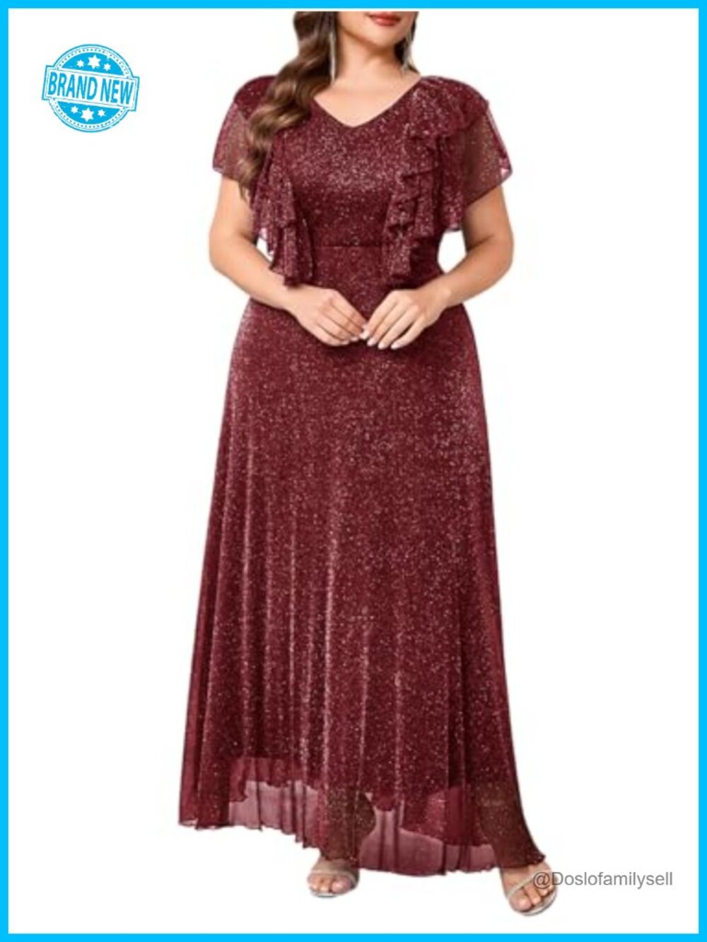 Plus Size Formal Sparkly Mesh Flutter Sleeve A-Line Maxi Dress Evening Gown